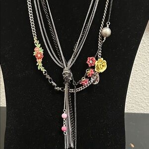 Floral Multi-Chain Necklace with Black and Yellow Accents